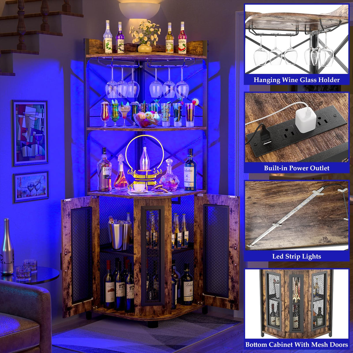 Aheaplus Corner Bar Cabinet with Power Outlet, Industrial Wine Cabinet with LED Strip and Glass Holder, 5-Tiers Liquor Cabinet Bar Unit for Home, Corner Display Cabinet for Small Space, Rustic Brown Aheaplus