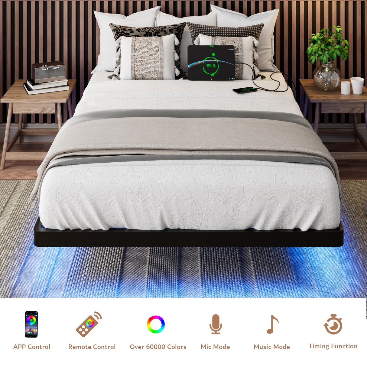 iPormis Twin Size Floating Bed Frame with LED Lighting and Charging Station, Metal Platform Design, Noise-Free Assembly, Black iPormis