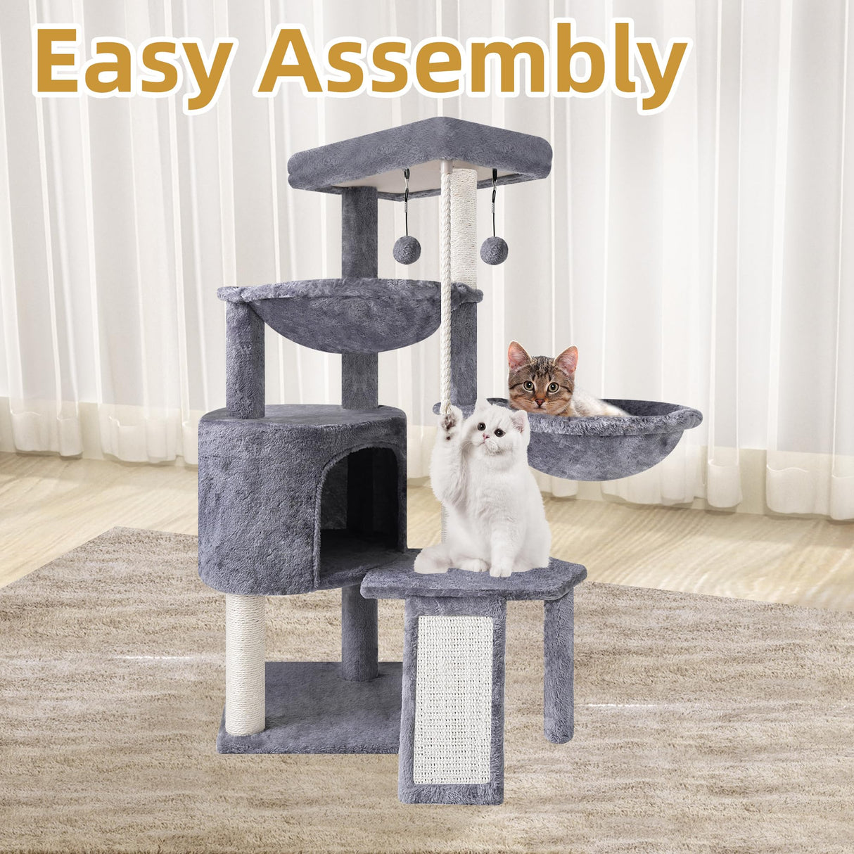 Xin Three Layer Cat Tree with Cat Condo and Two Hammocks,Grey Smouatou