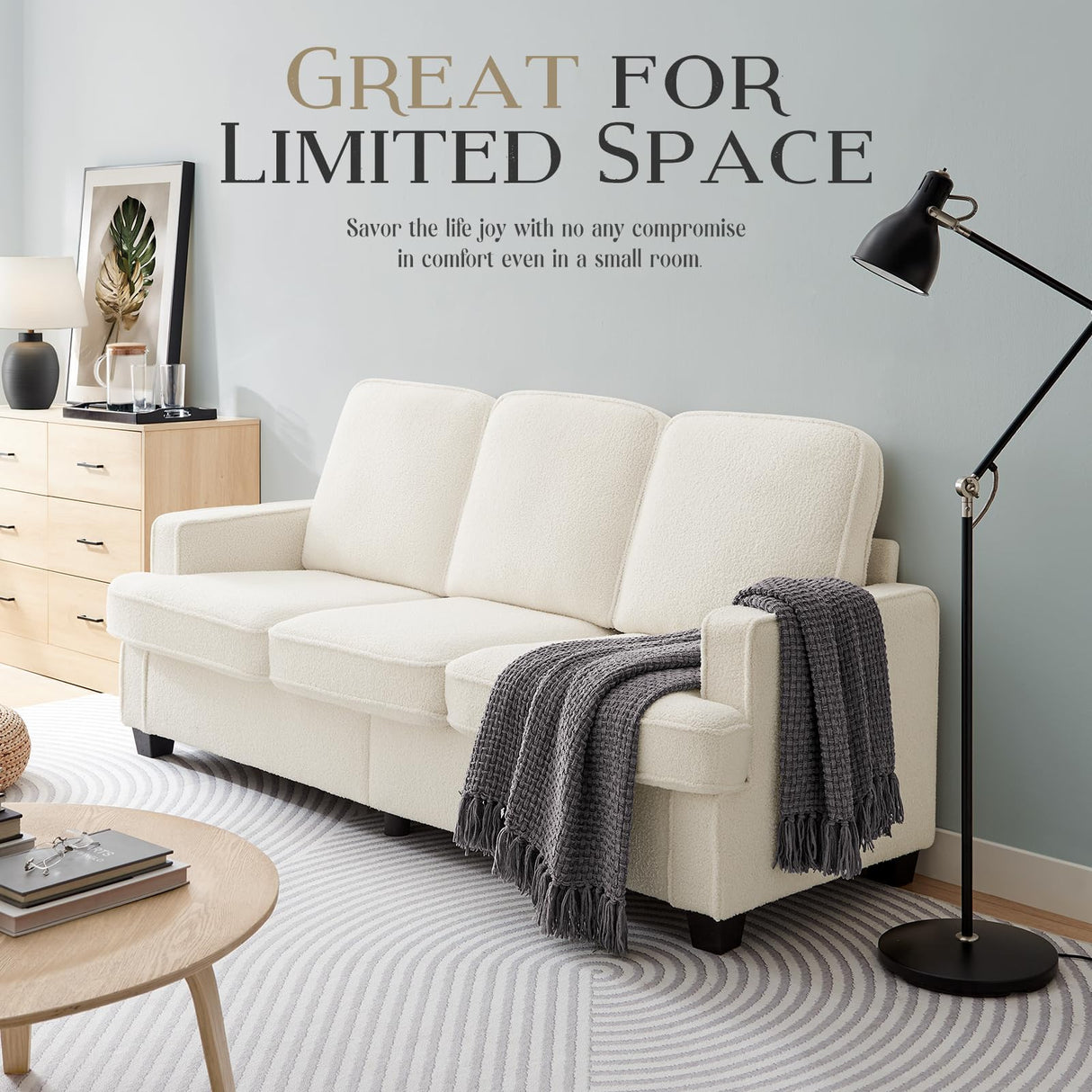 Zelimon Couches for Living Room, 82” Spacious Deep Seat Sofa for Living Room/Bedroom/Office/Apartment, Sofa Bed for Small Spaces, Detachable Futon Couch Cover, Easy to Install, Beige Teddy Fleece Zelimon