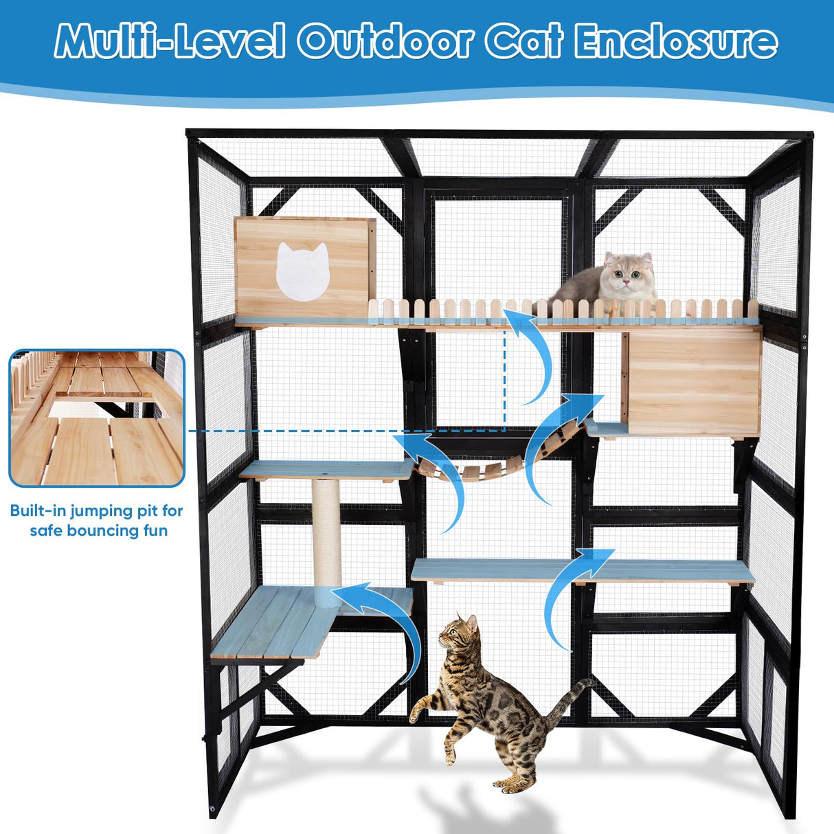 FunXplore Large Catio Outdoor Cat Enclosure Window 73" H Walk-in Cat House Kitty Cage for Multiple Indoor Outdoor Cats Outside Patio with 5 Access Doors Waterproof Roof FunXplore