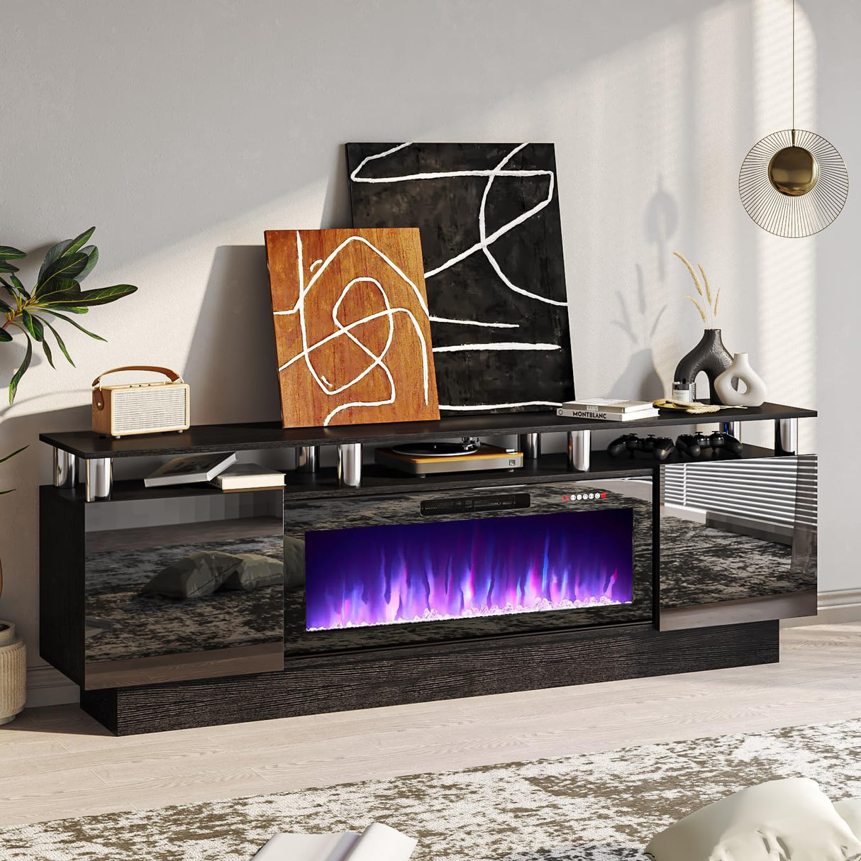 PRETZI 70" Modern Fireplace TV Stand with 36" Electric Fireplace for TVs Up to 80 inch, Luxury LED Light Entertainment Center with High Gloss Cabinet, TV Consoles for Living Room, Black PRETZI