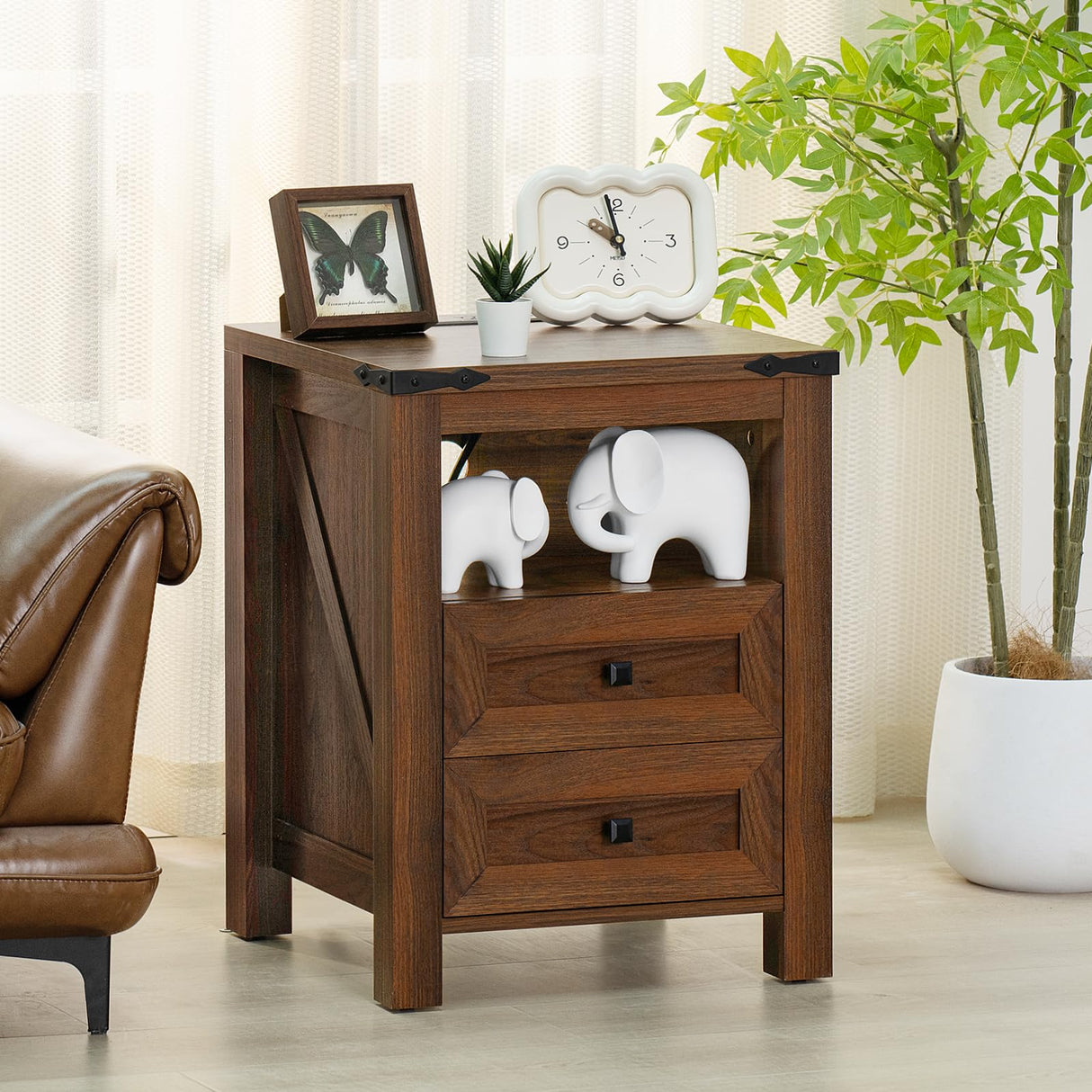 Joaxswe Nightstand with Charging Station and USB Port, Farmhouse Side End Table with 2 Drawers and Open Shelf, Wood Rustic Sofa Table, Bedside Cabinet for Bedroom, Living Room, Closet, Office(Brown) Joaxswe