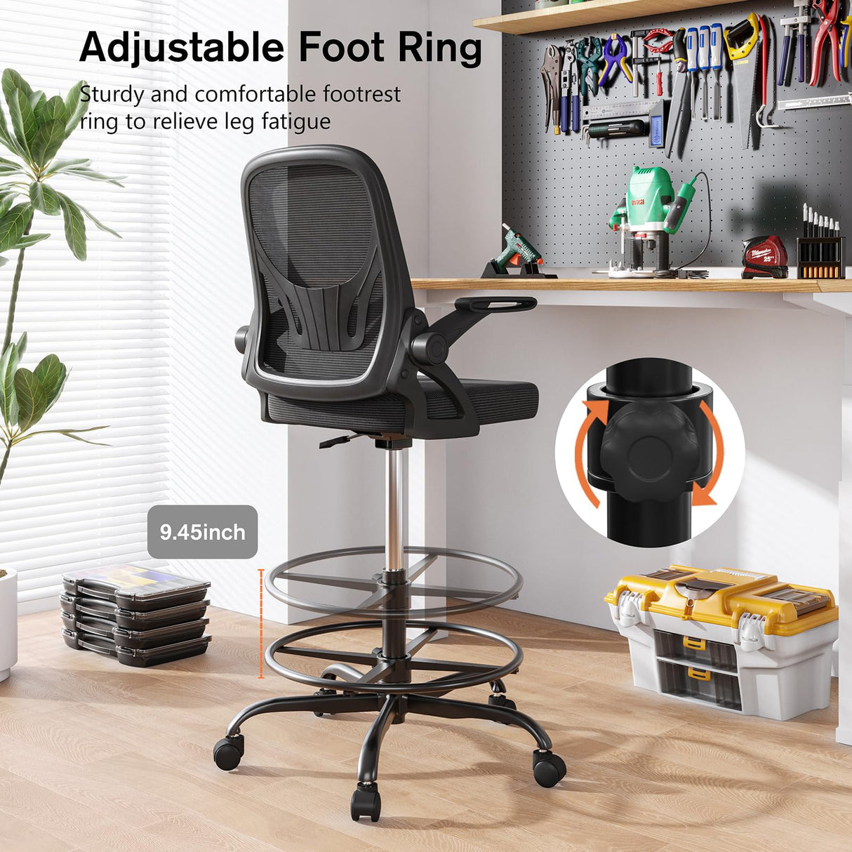 Alolo Drafting Chair with Flip-up Armrests,Tall Office Chair Adjustable Height and Ergonomic Standing Desk Chairs with Lumbar Support and Adjustable Footrest Ring(Black) Alolo