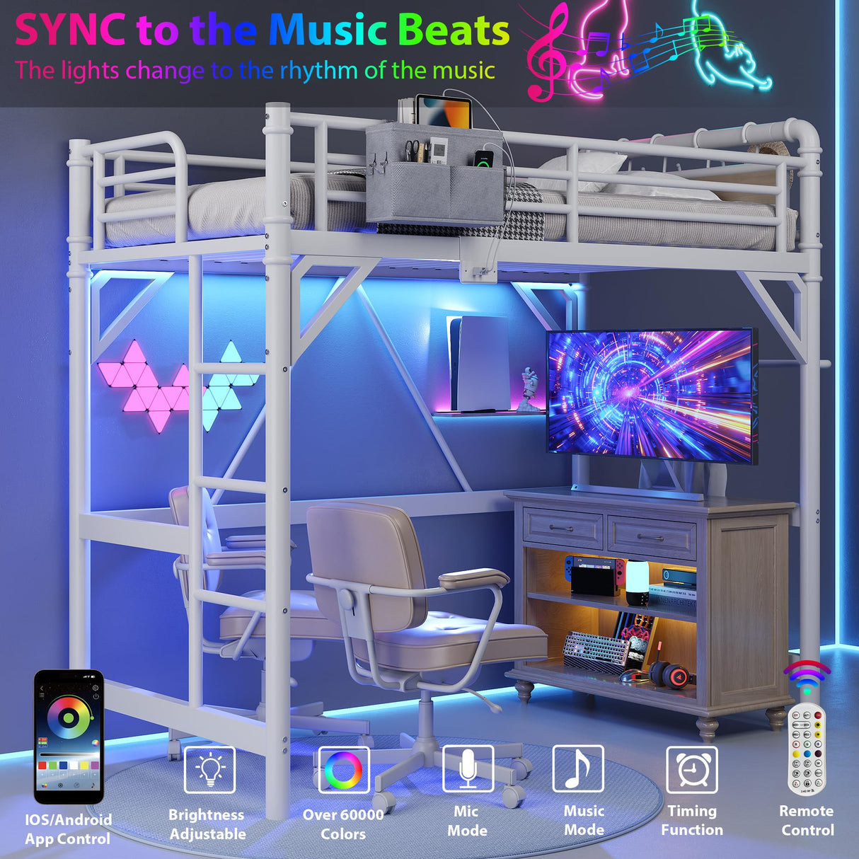 Twin Size Loft Bed with LED Lights and Charging Station, Industrial Heavy Duty Metal Loft Bed Frame with Ladder and Guardrail for Kids Adults, Small Space Saving Design for Bedroom Dorm, White Jocoevol