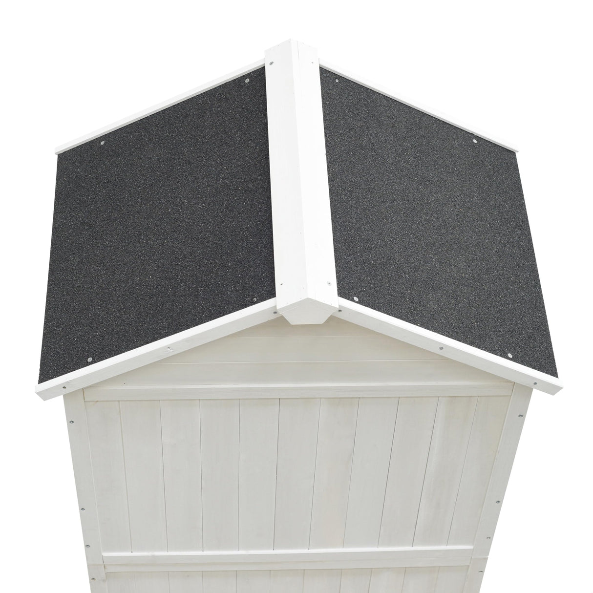 GDFStudio 67" Fir Wood Storage Shed 2 Doors Design Outdoor Tool Storage House Cabinet with Sloped Roof & 4 Interior Compartments for Garden Patio Backyard, White GDFStudio