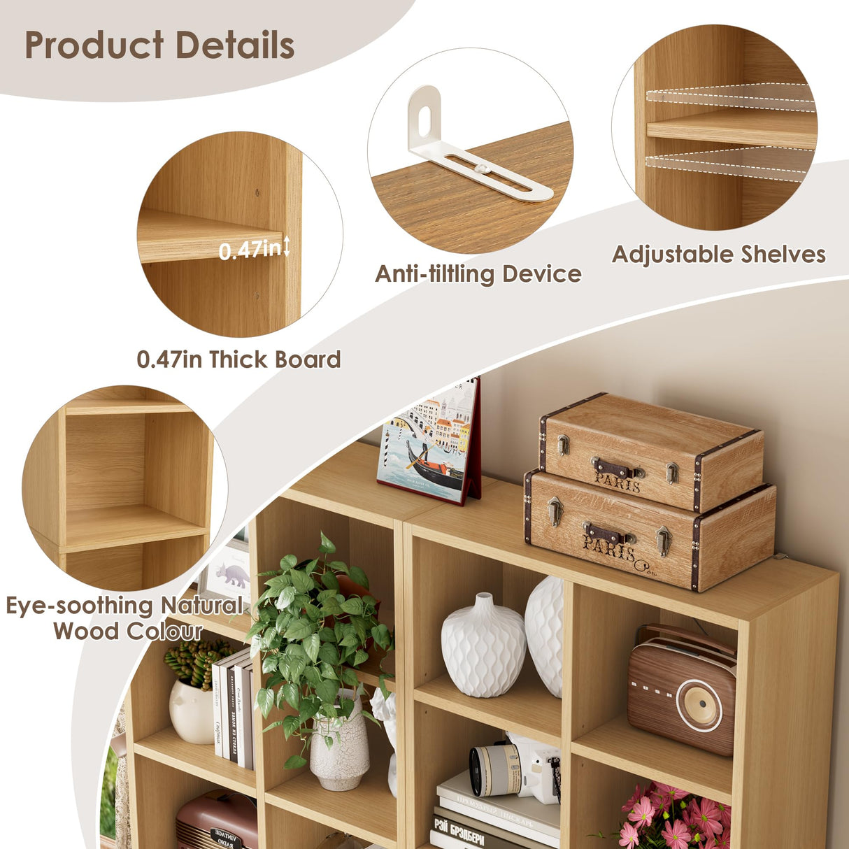 FOTOSOK 71’’ Narrow Bookshelf and Bookcase, Wooden Shelf 7 Tier Media Storage Tower Rack, CD DVD Storage Tower Rack with Adjustable Shelves,Double Wide Slim Bookshelf Cube Storage Organizer, Natural FOTOSOK