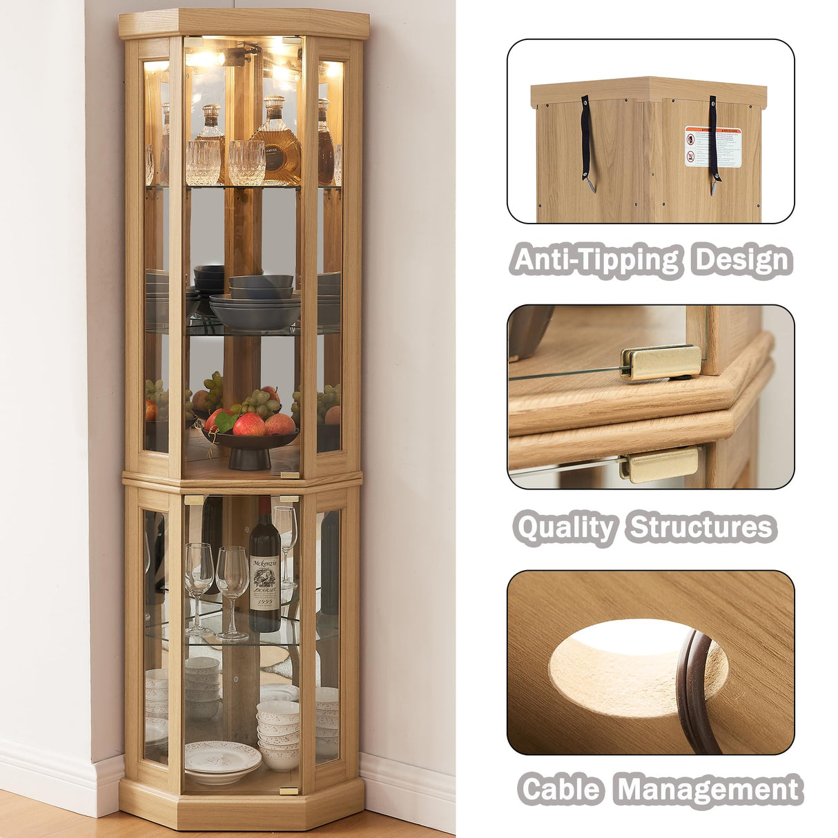 XZTUAJ Corner Curio Cabinet Display Case with Light, 69" H Glass Display Cabinet, Display Showcase Case Storage with Tempered Glass Door & Adjustable Glass Shelves for Living Room (Light Oak) XZTUAJ