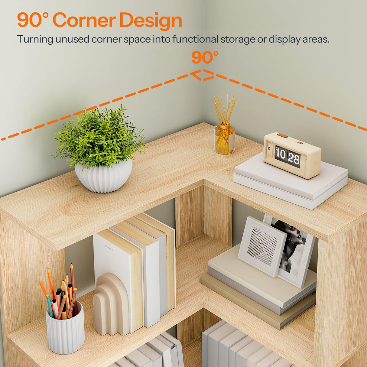 HOOBRO 5-Tier Corner Bookshelf, L-Shaped Corner Bookshelf, 55.3'' Tall Wooden Bookcase with Baffle, Freestanding Display Rack, for Living Room, Home Office, Natural NL50SJ01 HOOBRO