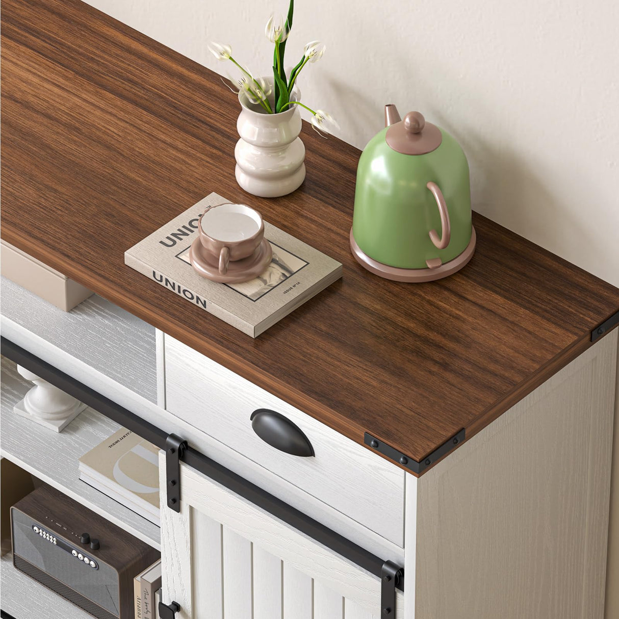 AntsandAnts Farmhouse TV Stand with Sliding Barn Doors & 2 Drawers - Entertainment Center for 65 inch TV, Rustic TV Console with Storage, Living Room TV Cabinet for 65" Television, White AntsandAnts