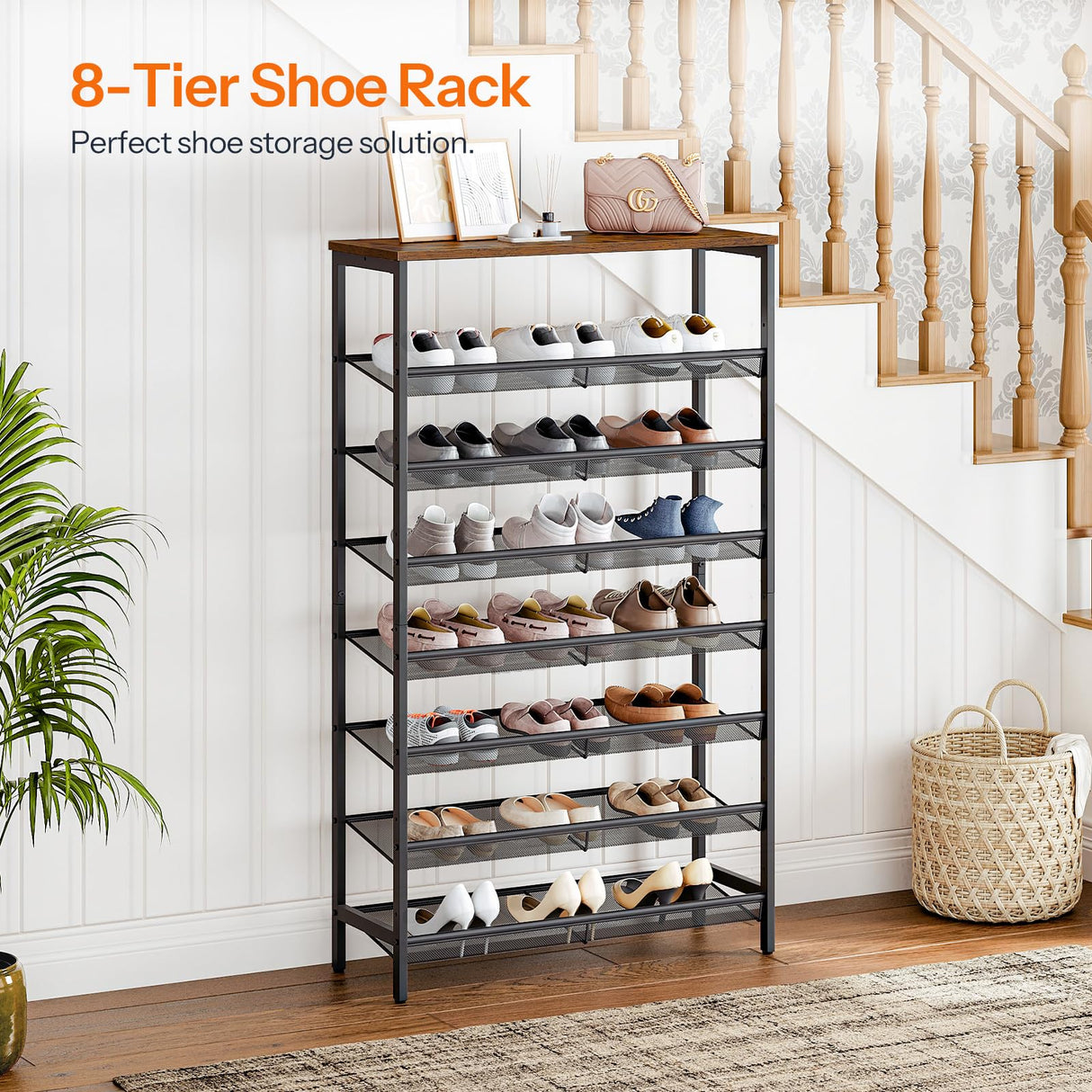 HOOBRO 8-Tier Shoe Rack, Large Capacity Shoe Shelf, Shoe Storage Organizer for 21-28 Pairs of Shoes, Front Door Entrance, Entryway, Hallway, Closet, Space Saver, Rustic Brown and Black BF18XJ01 HOOBRO