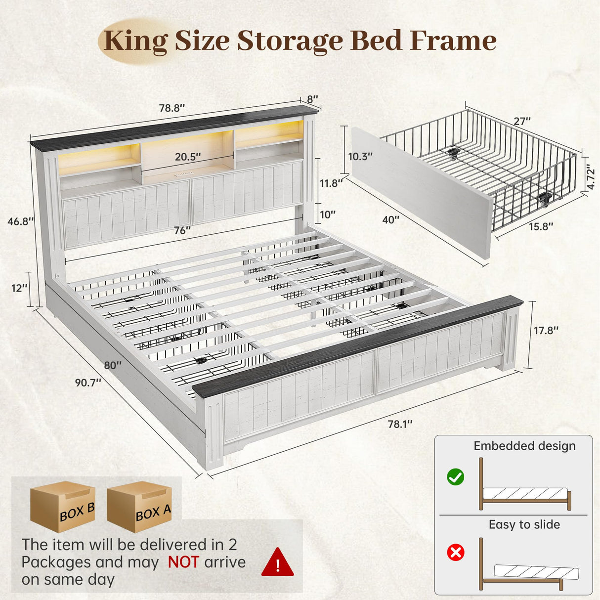 EnHomee King Bed Frame and Headboard, King Size Bed Frame with 4 Storage Drawers, King Bed King with LED Lights & Charging Ports,No Box Spring Needed,NO Noise,Wooden, White EnHomee