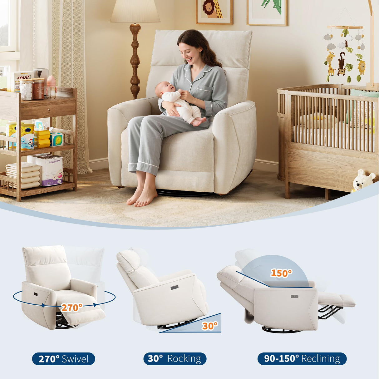 GarveeHome Power Recliner Chair, 270° Swivel Rocking Glider with USB Charging Port, Soft Chenille Upholstered Fabric, Ergonomic Modern Nursery Chair for Living Room, Bedroom, Nursery (Beige) GarveeHome