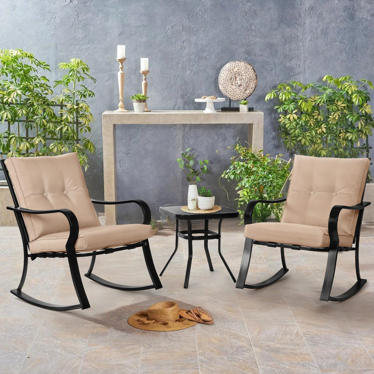 SOLAURA 3-Piece Outdoor Rocking Chairs Bistro Set, Black Iron Patio Furniture with Brown Thickened Cushion & Glass-Top Coffee Table SOLAURA