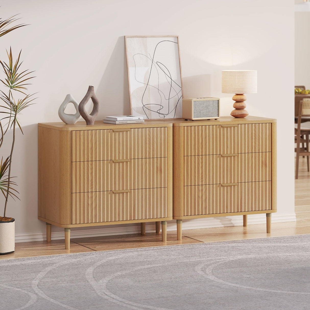 DWVO Fluted 3 Drawer Dresser, 32.5 Wider Modern Dressers Chest of Drawers with Solid Wood Legs, Wood Storage Dresser Organizer for Dorms, Flats, Living Rooms, Hallways,Natural Oak DWVO