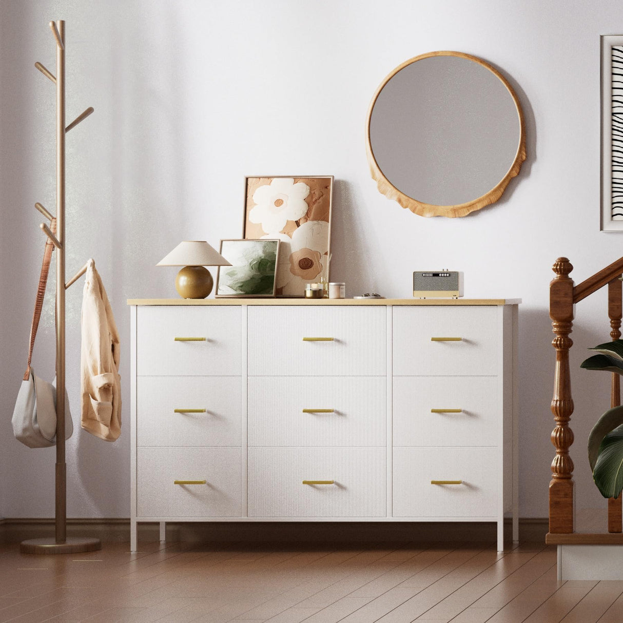 VASICAR Wide TV Stand Modern TV Console, 9 Drawers Dresser for Bedroom, Fabric Storage Cabinet, Chest of Drawers for Closet, Nursery, Living Room(White) VASICAR