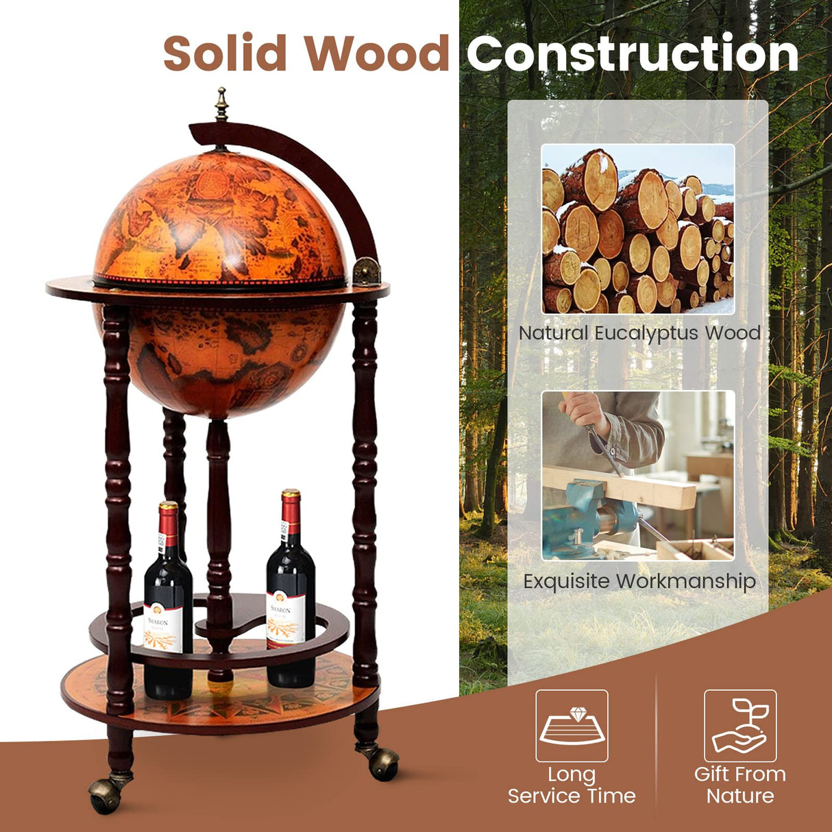 Goplus Globe Bar, 17.5” Globe Bar Liquor Cabinet with Wheels, Bottom Shelf, Old World Map, 16th Century Italian Replica Bar Globe, Retro Wine Stand, Goplus