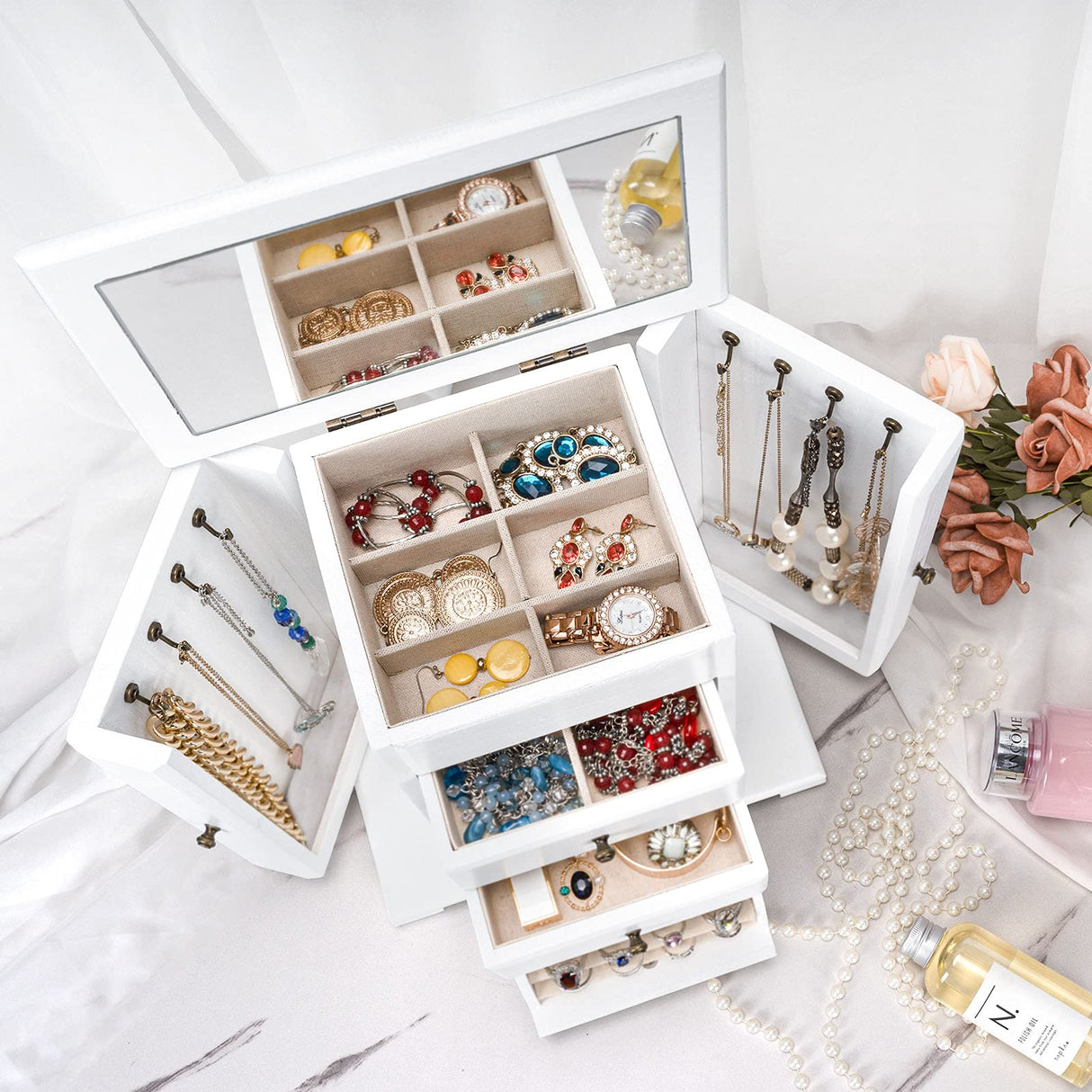 Emfogo Jewelry Box for Women, Rustic Wooden Jewelry Boxes & Organizers with Mirror, 4 Layer Jewelry Organizer Box Display for Rings Earrings Emfogo