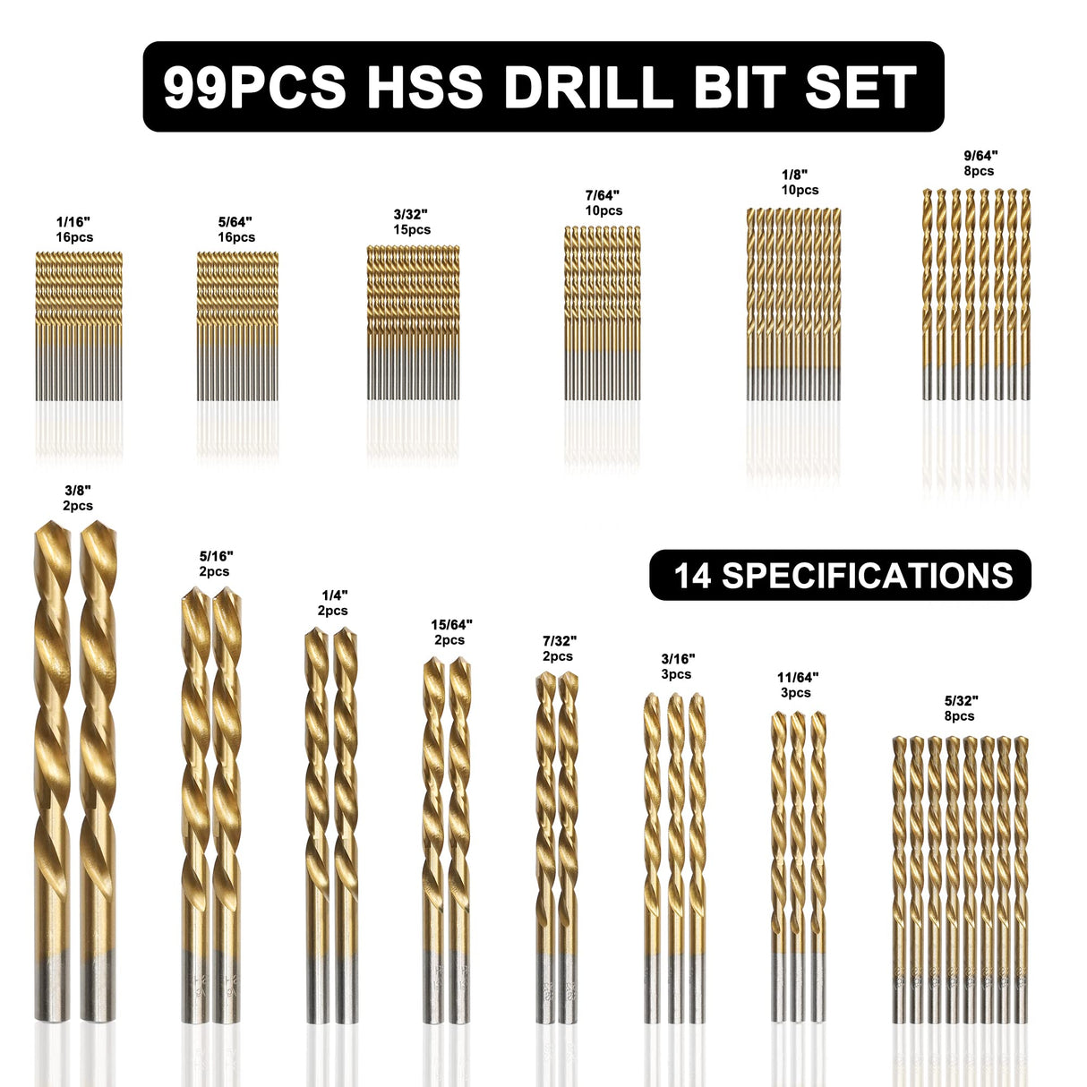 GMTOOLS 99 Pcs Drill Bit Set, 135° Tip Titanium Coated High Speed Steel, Twist Drill Bit Kit for Iron, Aluminum Alloy, Copper, Wood, Plastic, with Hard Storage 1/16"-3/8" GMTOOLS
