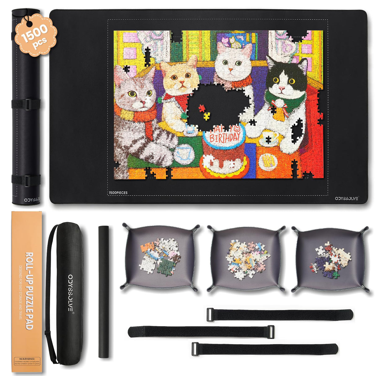 Odyssolve Jigsaw Puzzle Mat Roll Up 1500 Pieces Saver Pad 46" x 26" with 3 Sorting Trays & Travel Storage Bag Portable Non-Slip Rubber Bottom Odyssolve