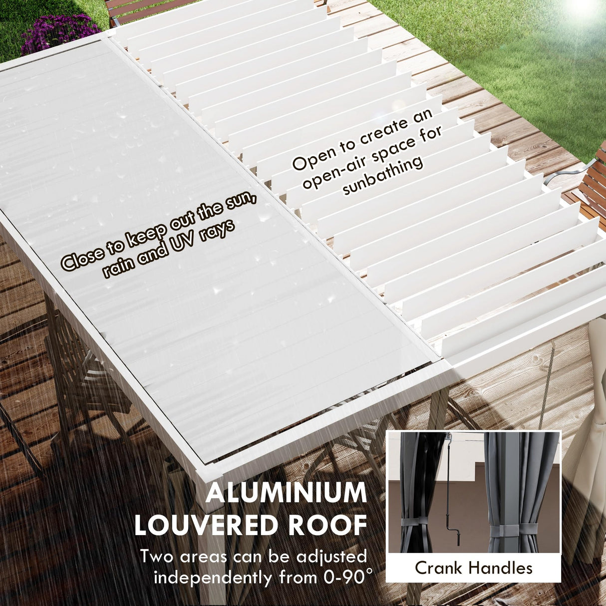 Outsunny 10' x 13' Louvered Pergola Hardtop Gazebo with Adjustable Aluminum Roof and Frame, Outdoor Pergola with Curtains and Netting, for Garden, Lawn, Backyard, and Deck, White Outsunny