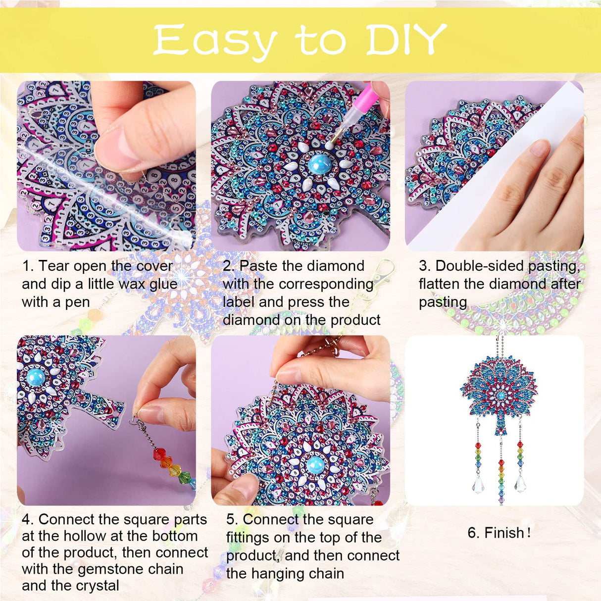 Jetec 3 Pieces Diamond Art Kits Painting Suncatcher Wind Chime Double Sided Crystal Gem Paint by Number Hanging Ornament for Adults DIY Window Home Garden(Moon, Heart, Mandala) Jetec