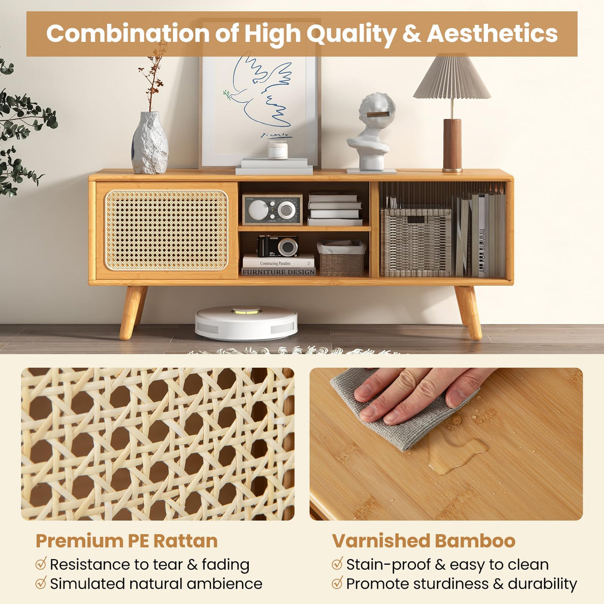 Giantex TV Stand for Living Room TVs up to 55”- Bamboo Entertainment Center with 3-Level Adjustable Shelf, Cable Management Holes, PE Rattan & Tempered Glass Sliding Door, TV Cabinet for Bedroom Giantex