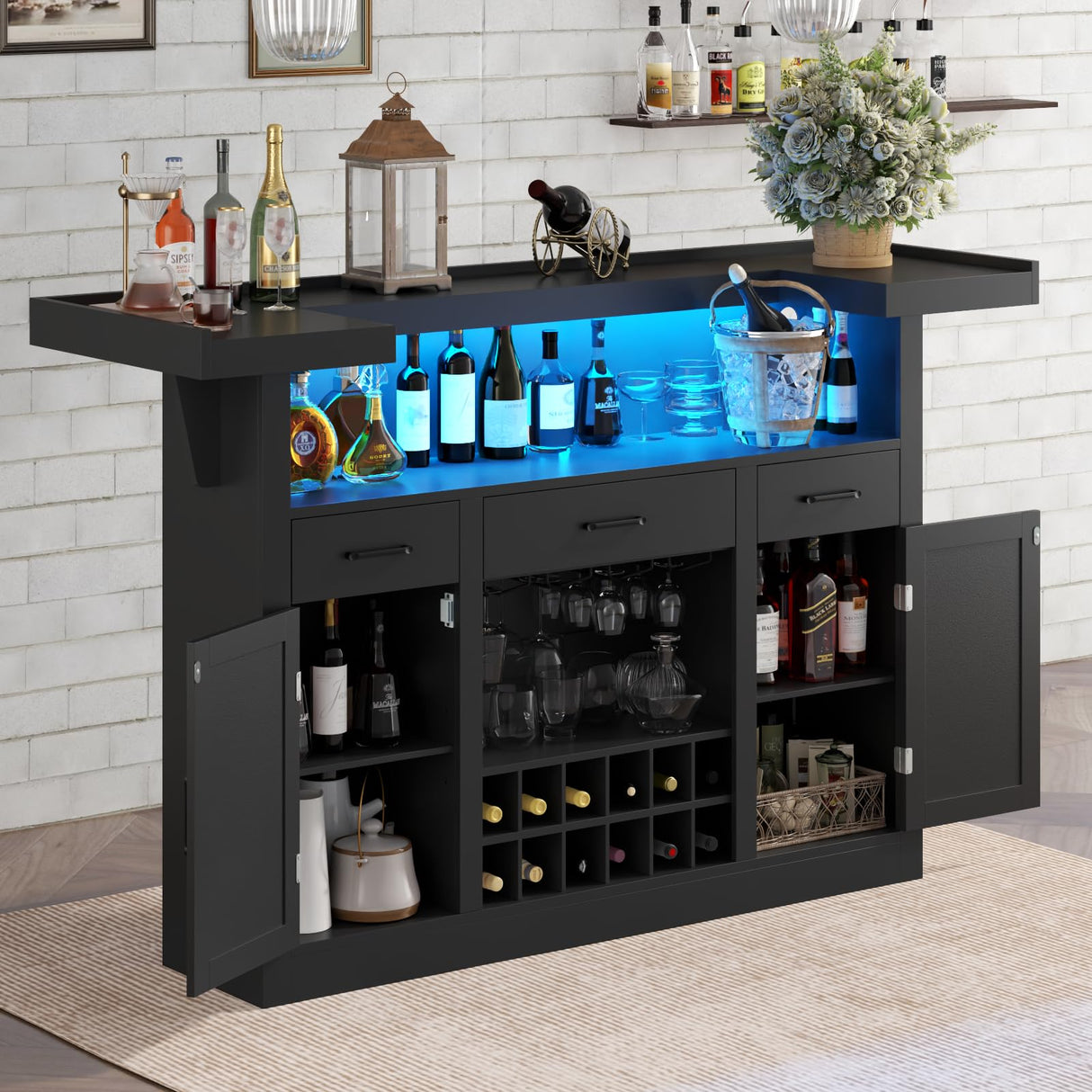 Loomie Bar Table Cabinet with LED & 3 Drawers,Liquor Bar with Adjustable Storage Shelves & Stemware Holders, Crescent Shaped Counter for Home Pub, Wine Alcohol Bar Stand with Door & Wine Rack (Black) Loomie