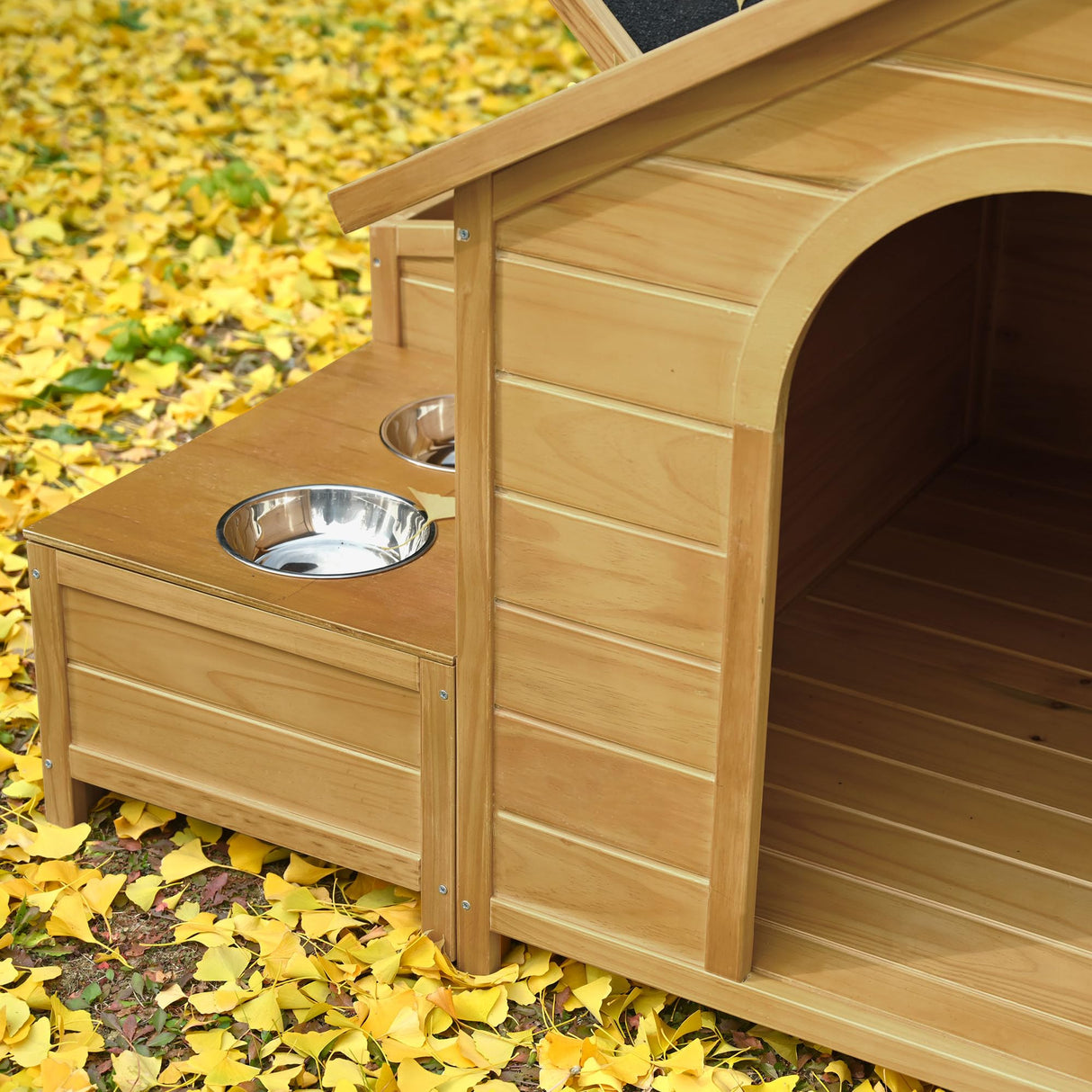 Large Dog House Outdoor, Wood Dog House with Feeding Bowls and Storage Box, Waterproof Roof Doghouse Suitable for Medium Large Dogs - 51.18" L x 43.7" W x 37" H Runave