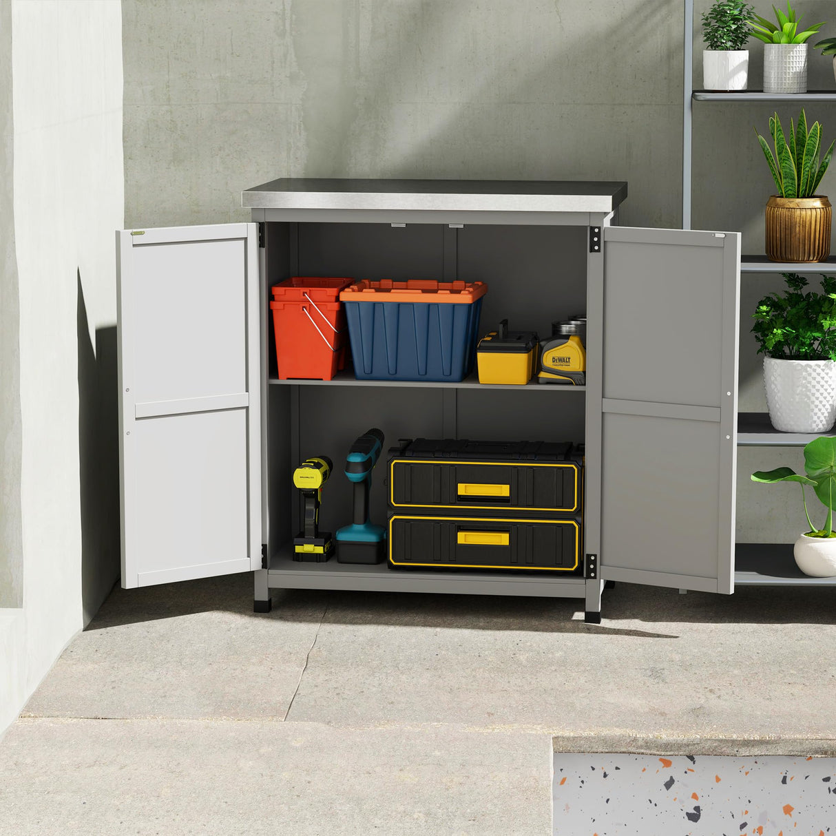 Outsunny Outdoor Storage Cabinet, Wooden Tool Storage Box with Metal Tabletop and Shelf, Potting Bench Table with Double Doors for Patio, Garden, Backyard, Gray Outsunny