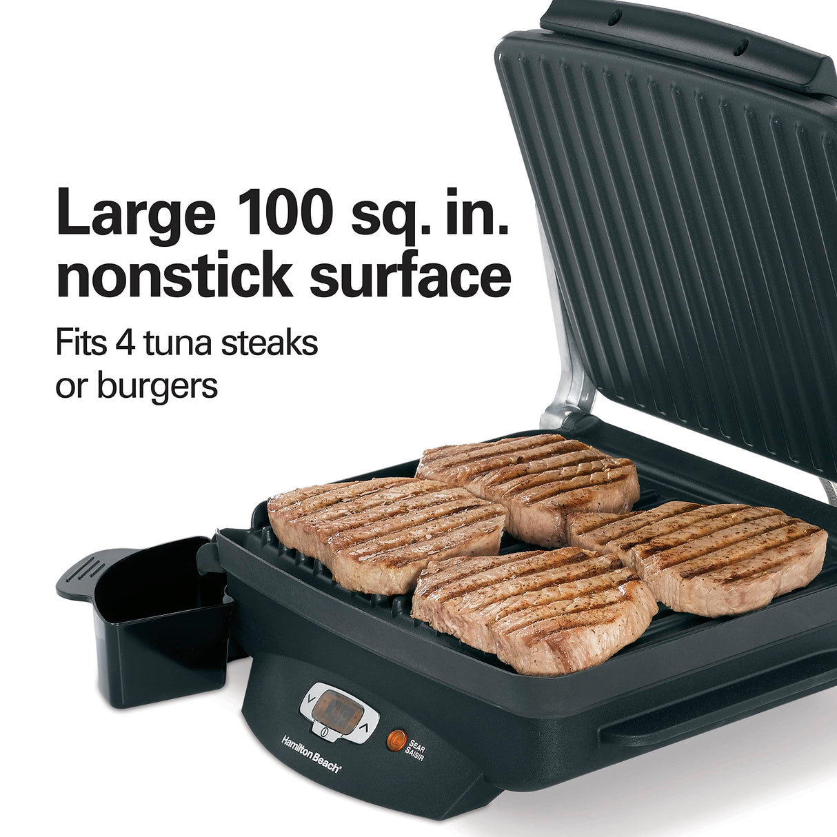 Hamilton Beach Steak Lover's Electric Indoor Searing Grill, Nonstick 100 Square, Stainless Steel (25331), Black and Stainless, Medium Hamilton Beach
