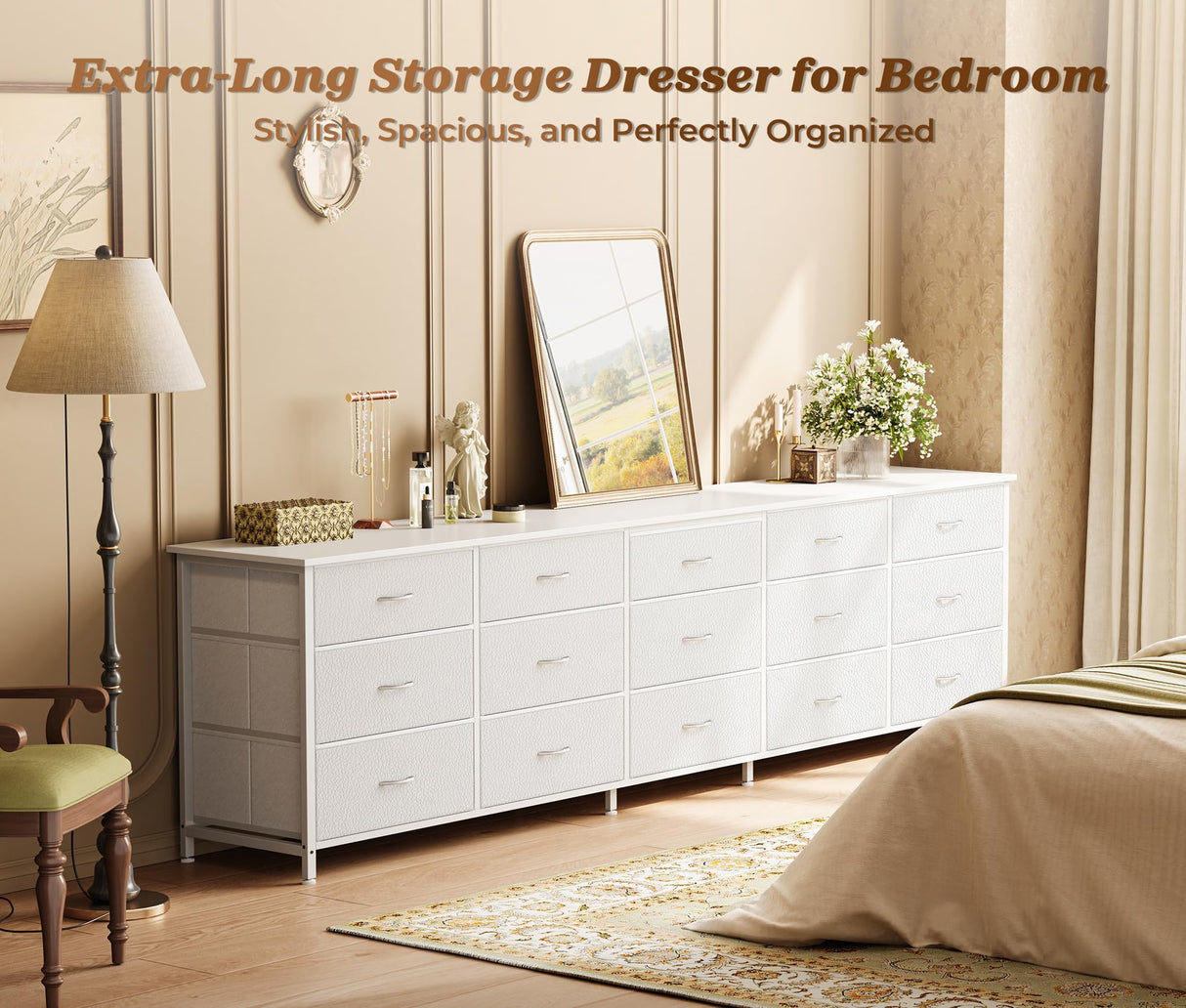 Huuger 78.7 inch Long Dresser for Bedroom, 15 Drawer Fabric Dresser for Closet, Large TV Stand for 65, 75, 85 inch TV, Wide Chest of Drawer with Storage, 78.7" W x 12.9" D x 26.7" H, White Huuger