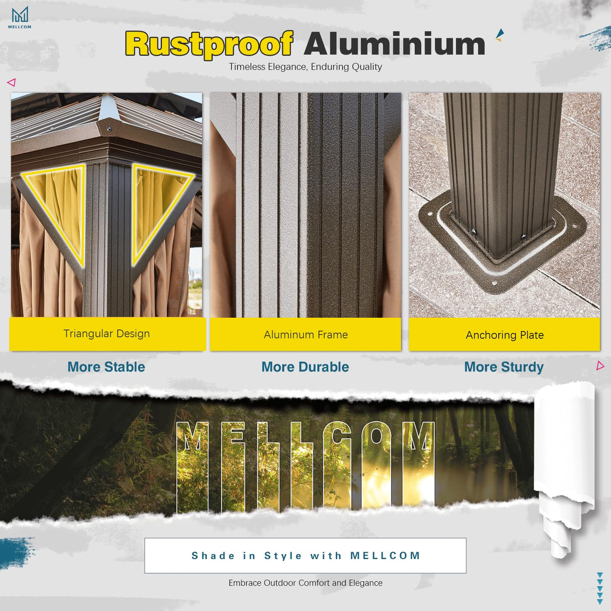 MELLCOM 12'x20' Hardtop Gazebo, Galvanized Steel Metal Double Roof Aluminum Gazebo with Curtain and Netting, Brown Permanent Pavilion Gazebo with Aluminum Frame for Patio, Lawn & Garden MELLCOM