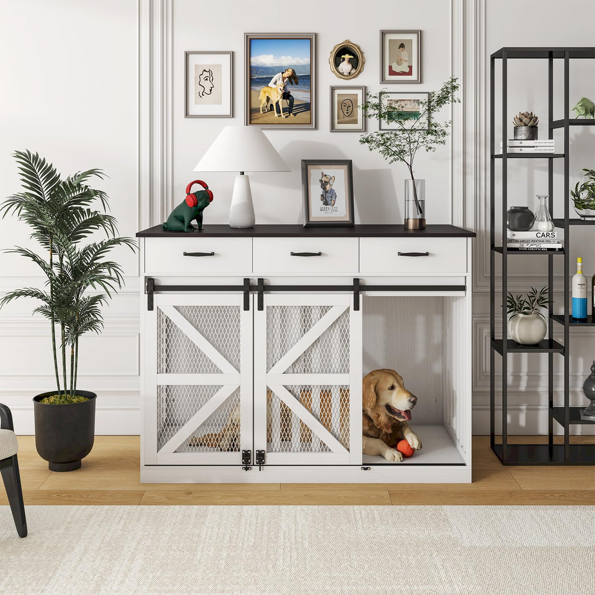 kepptory 48'' Dog Crate Furniture with Divider&Storage Drawers, Wooden Double Dog Kennel Furniture End Table with Sliding Barn Doors, White Double Dog Crate TV Stand kepptory