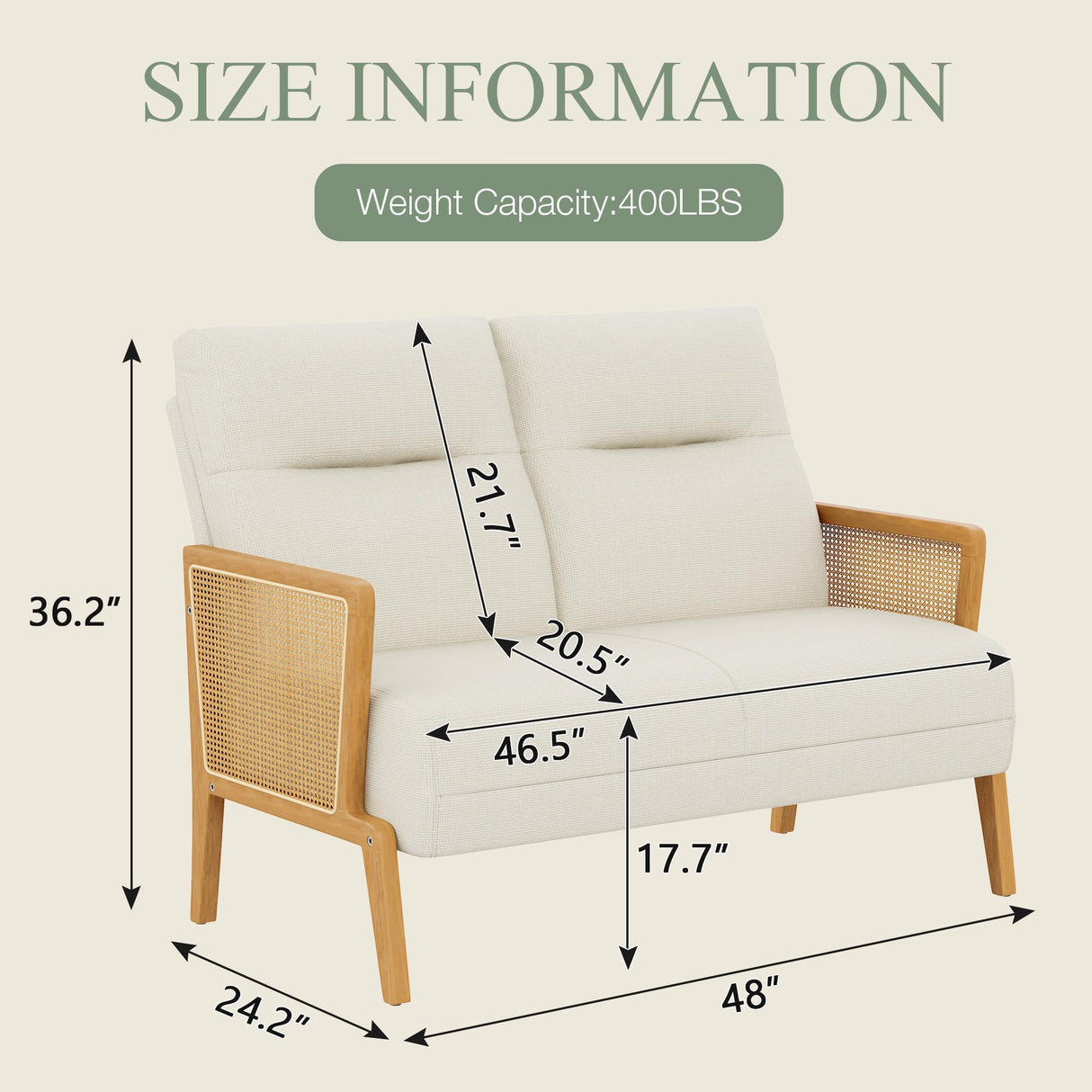 POINTANT Love Seat Settee Mini Couch Upholstered Sofa with Natural Rattan Armrest Backrest Couch Bench Loveseat for Living Room Bedroom Beige POINTANT