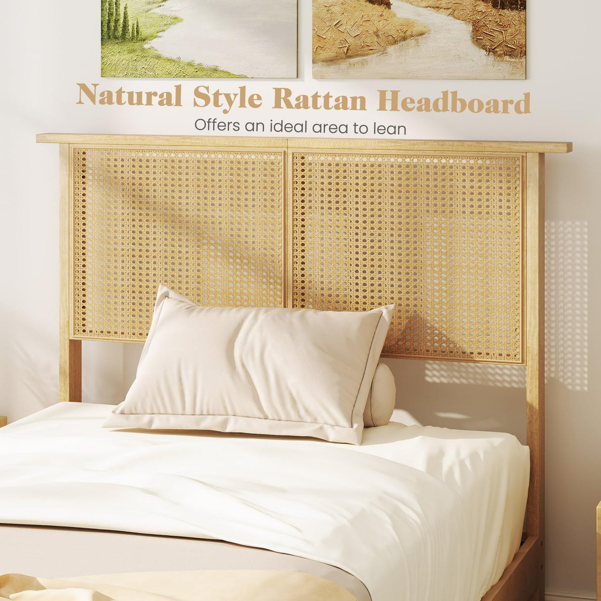 KOMFOTT Twin Size Wood Platform Bed Frame with Rattan Headboard, Boho Rubber Wood Bed Frame with Plywood Slats & Under-Bed Storage, Platform Bed Frame, Mattress Foundation, No Box Spring Needed KOMFOTT