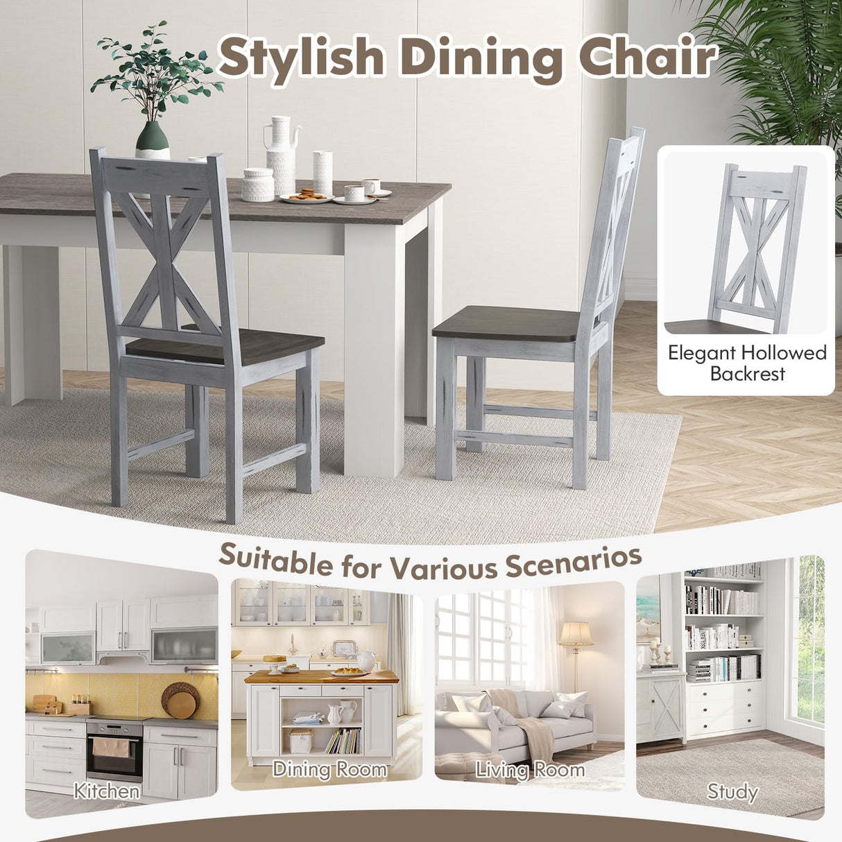 Giantex Retro Wooden Dining Chairs Set of 2, Farmhouse Kitchen Chairs w/Rubber Wood Frame, Elegant Hollowed Backrest, Armless Dining Room Chairs, Rustic Side Chairs for Restaurant, Living Room, Grey Giantex