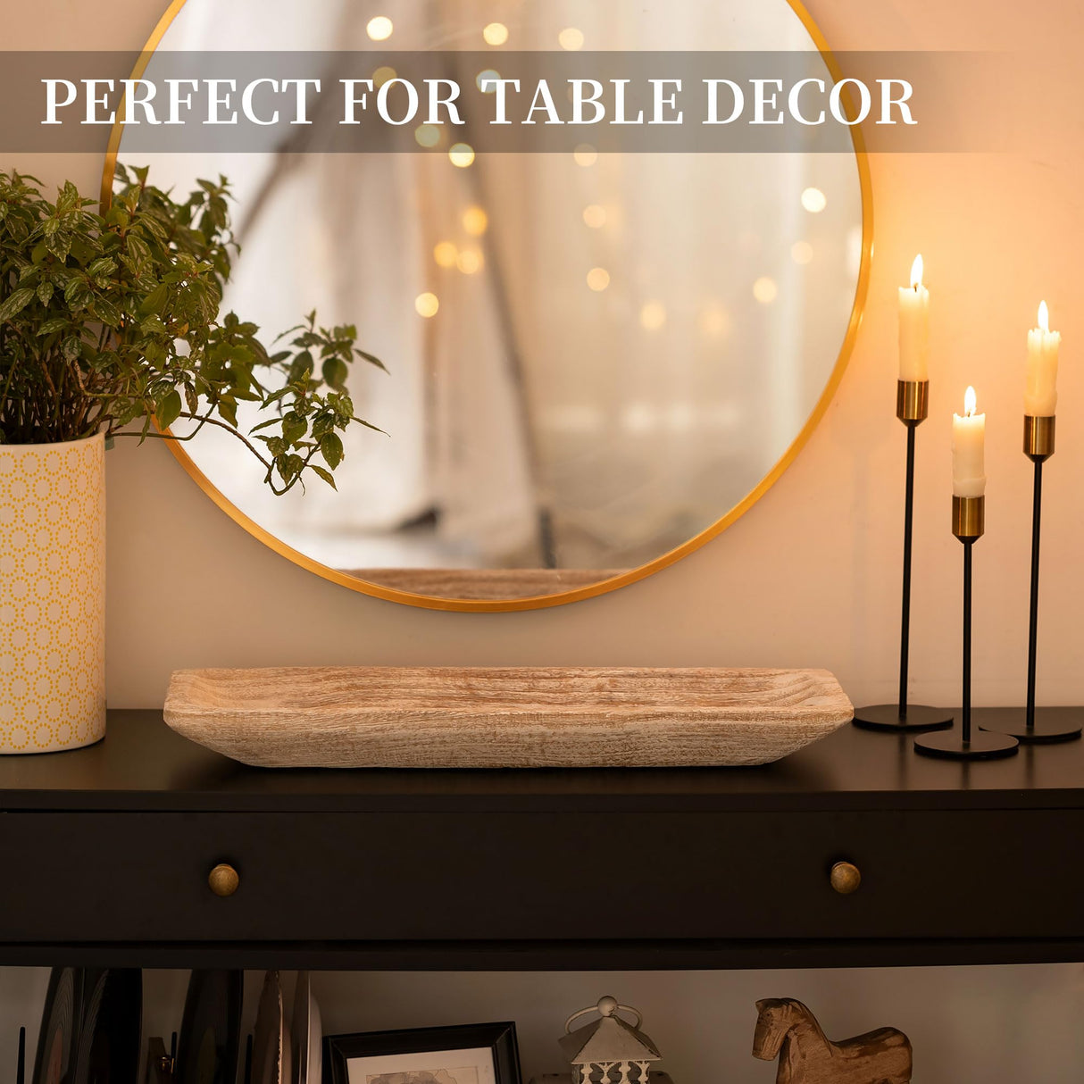 Hanobe Decorative Wood Dough Bowl: Large Long Wooden Centerpiece Table Decorations Natural Candle Holder Tray Decor Rustic Unfinished Centerpieces for Dining Room Kitchen Fruit Bowls, White Hanobe