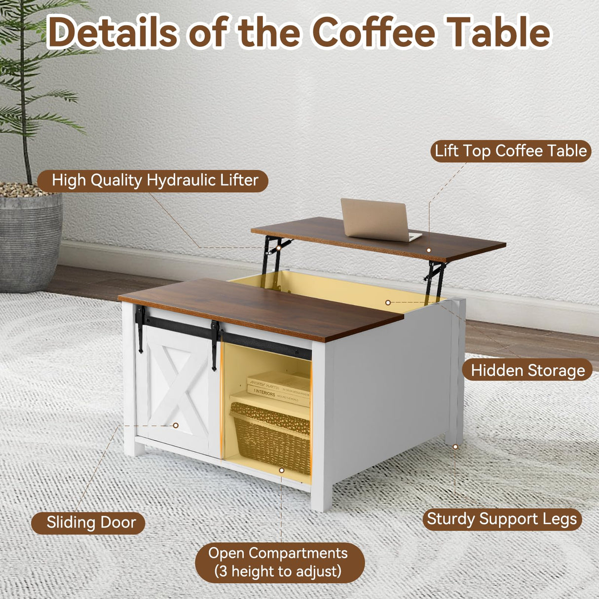 EDWINENE 31.5" Square Coffee Table, White Lift Top Coffee Table for Living Room, Morden Farmhouse Coffee Tables with Hidden Storage for Small Living Room, Bedroom EDWINENE