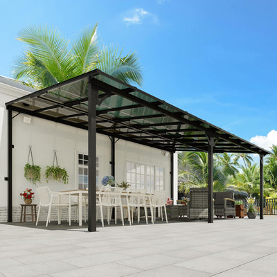 MEISSALIVVE 12' x 20' Wall Mounted Gazebo, Outdoor Pergola Gazebo, Lean to Metal Awnings Gazebos, Gazebo Pergola with Sloped Roof, Outdoor Patio Gazebo Awning, Black