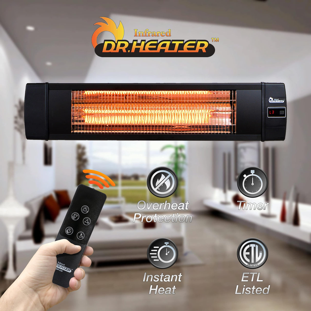 Dr Infrared Heater DR-238 Carbon Infrared Outdoor Heater for Restaurant, Patio, Backyard, Garage, and Decks, Standard, Black DR. INFRARED HEATER