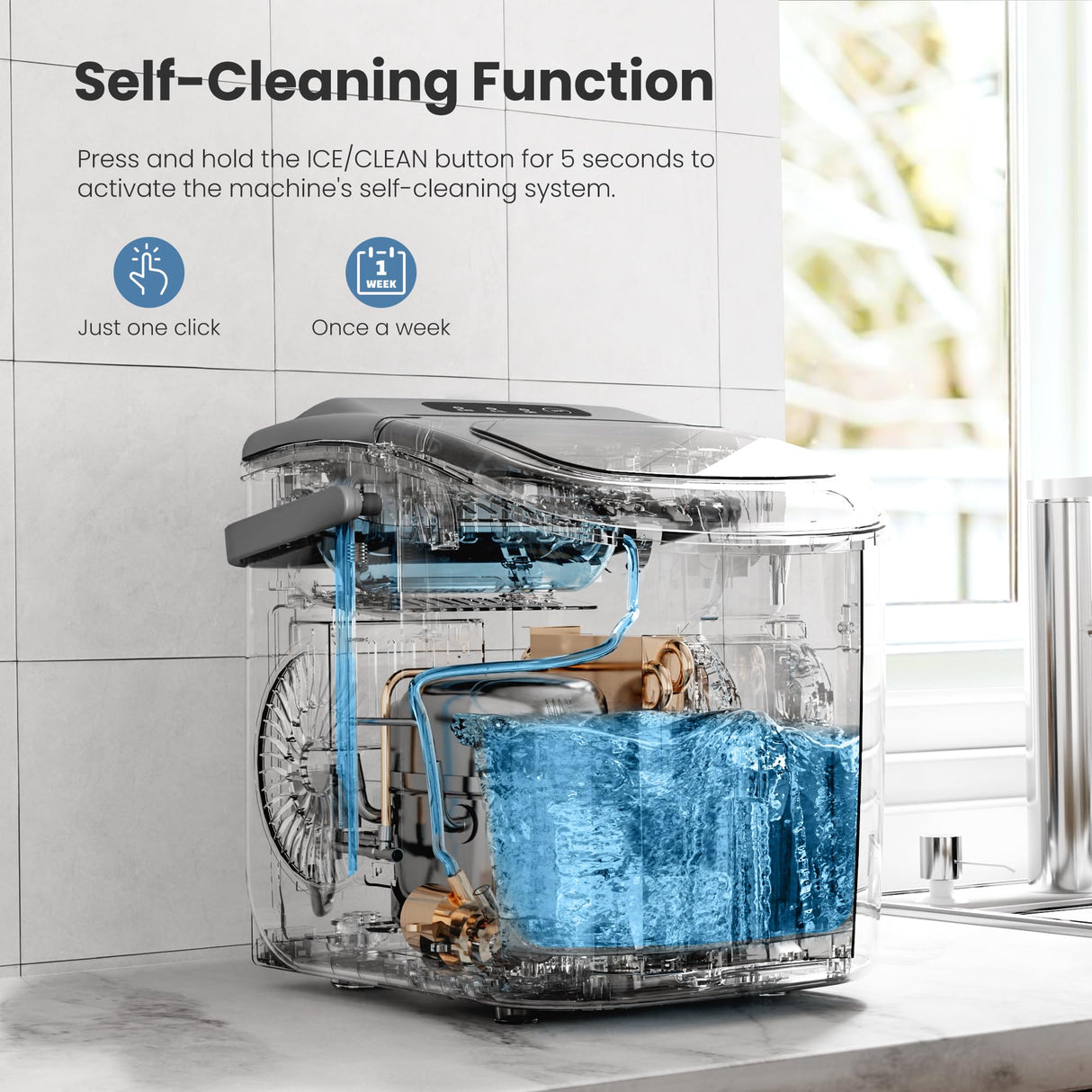 Portable Countertop Ice Maker Machine with Handle, 9 Bullet-Shaped Ice Cubes Ready in 6 Mins, 26Lbs/24H, Self-Cleaning Function with Ice Scoop and Basket for Home/Kitchen/Party (Grey) Crzoe