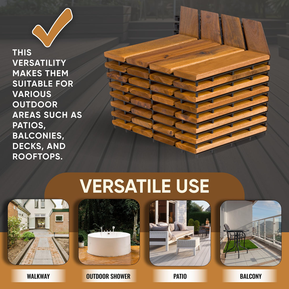 Interlocking Deck Tiles 12" x 9" Herringbone 6 Sq Ft - Non-Slip Acacia Wood Outdoor Tiles for Patio - Decking, Porch and Balcony Flooring Tiles - Easy to Install Wooden Deck Tile Pavers (8 Pack) Majestick Goods