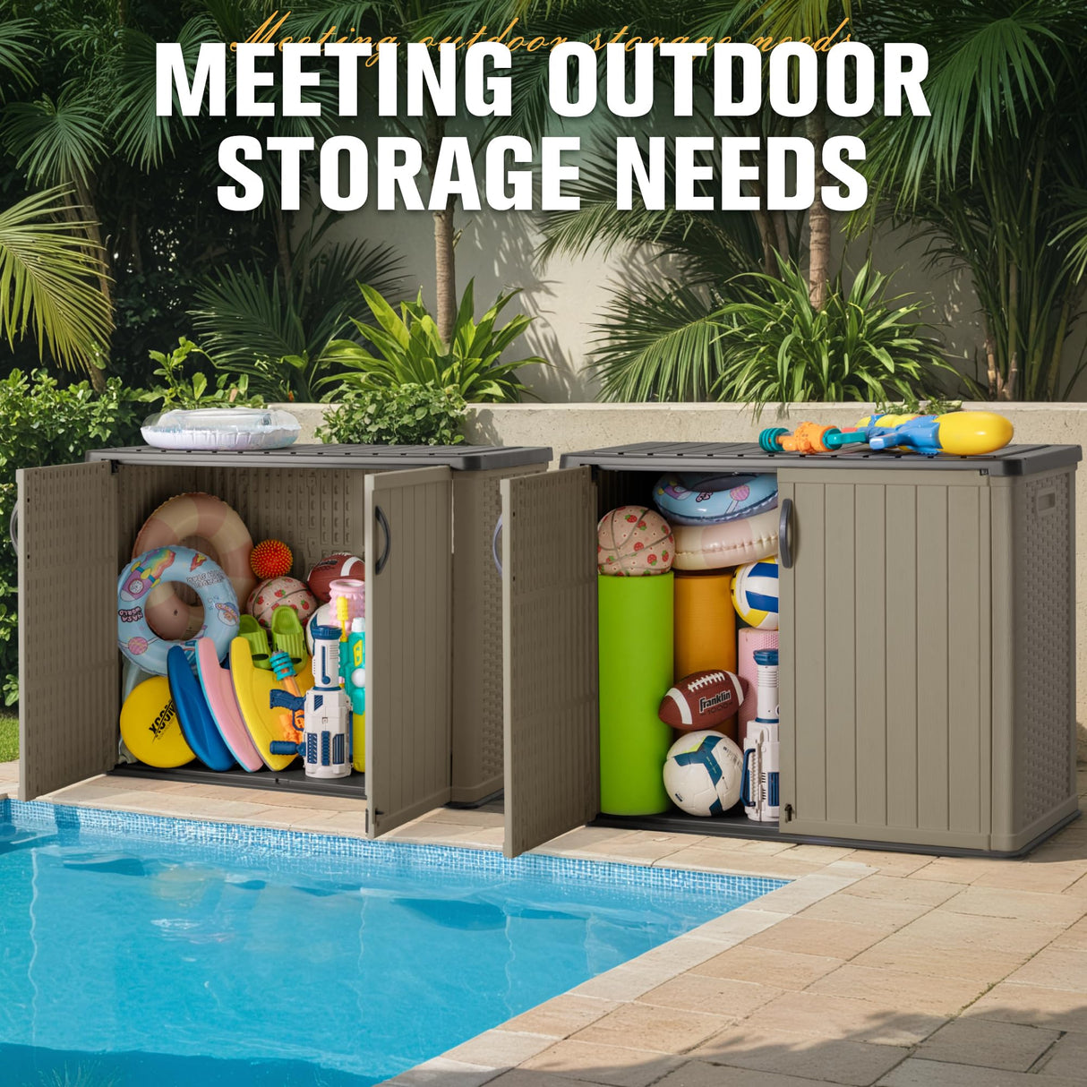 Greesum Outdoor Horizontal Storage Sheds 27 Cu.ft Resin Large Storaged Box Weather Resistance, Without Shelf, Easy to Assemble, Prefect for Garden, Patios, Backyards, Beige Greesum