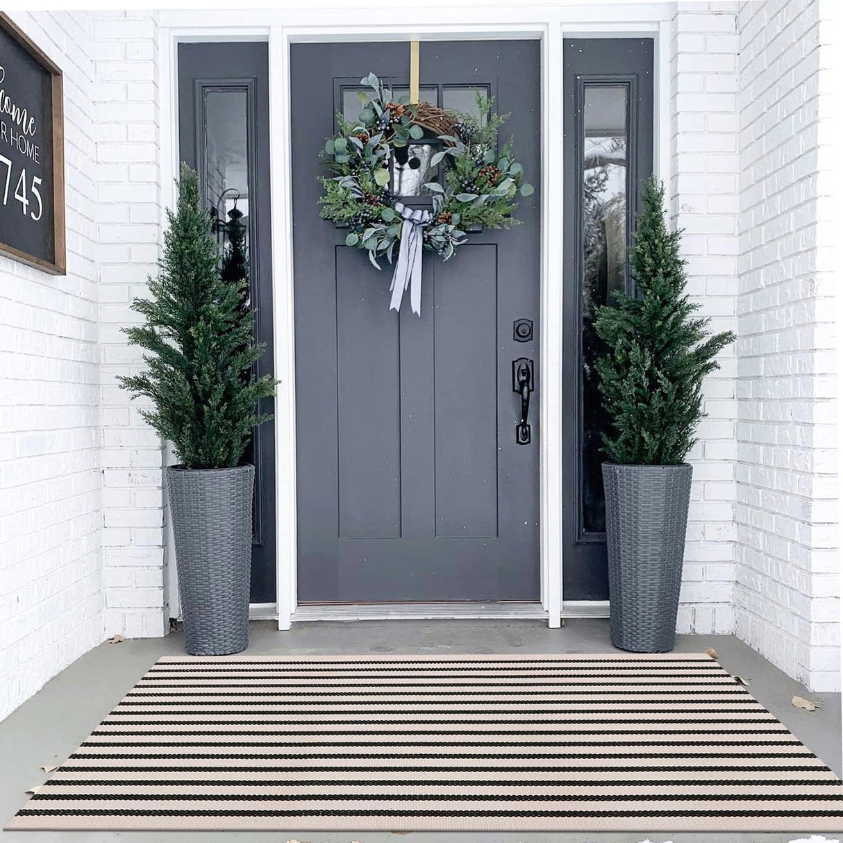 LEEVAN Black and White Striped Area Rug 3x5 ft Outdoor Patio Rugs Woven Washable Farmhouse Floor Carpet Front Porch Doormat for Bedroom/Courtyard/Laundry Room/Living Room LEEVAN