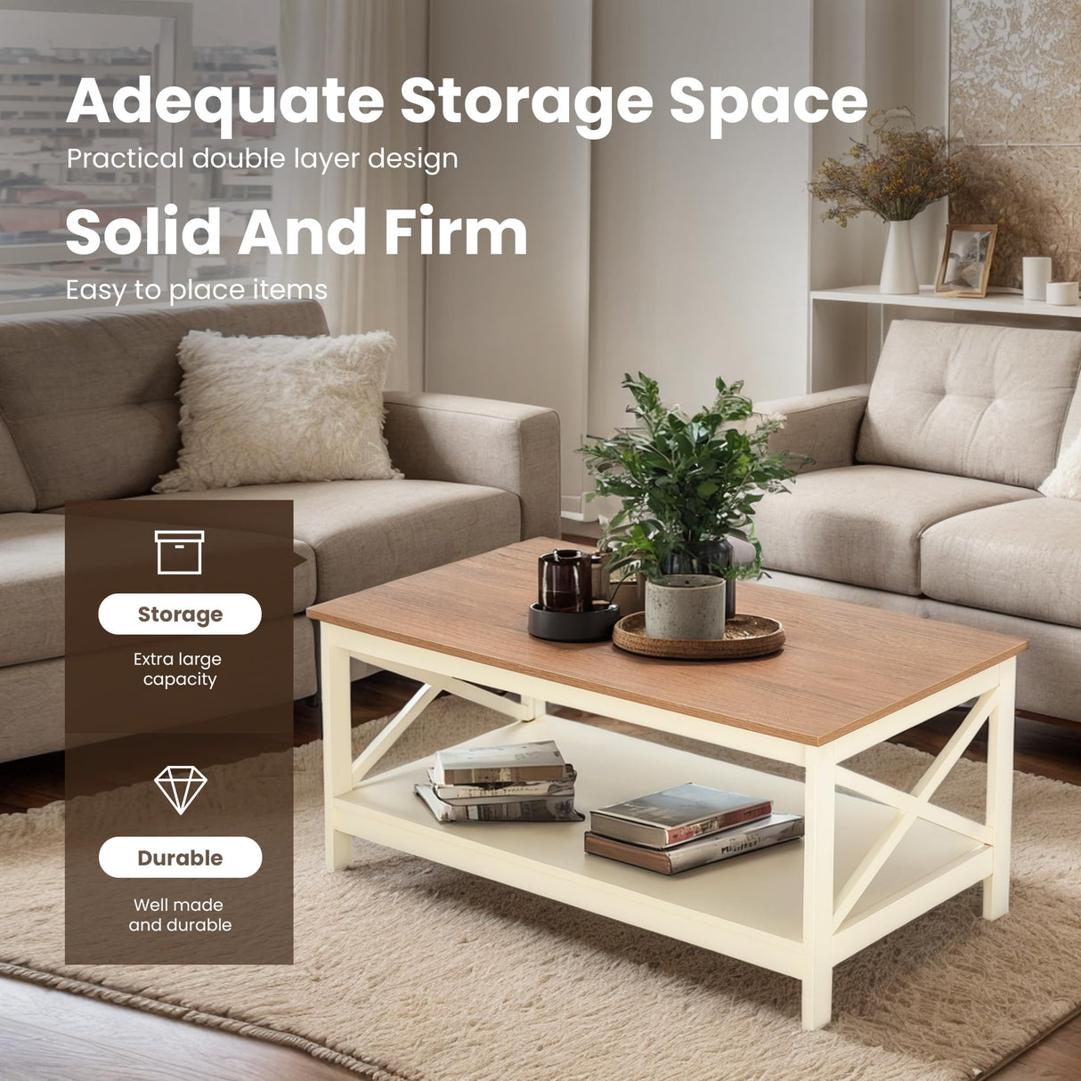 PHI VILLA Farmhouse Coffee Table for Living Room, White Coffee Tables with Storage Rustic Style Modern PHI VILLA