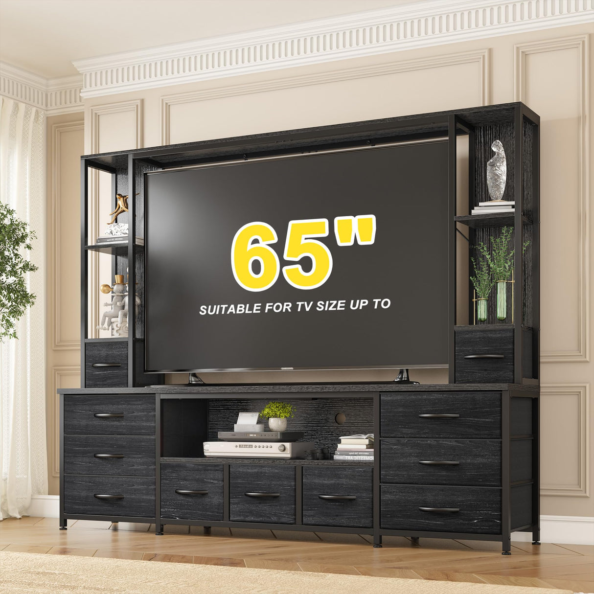 65" TV Stands for Living Room, Large Wall Unit Entertainment Center with 11 Fabric Drawer,Dresser TV Stand with 2 LED Lights & Power Outlets,TV Stand for Bedroom with Storage Shelf,Black EnHomee