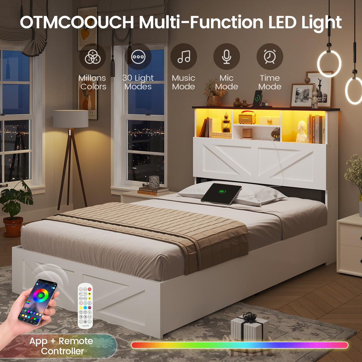 AOGLLATI Farmhouse Twin Bed Frame with 4 Storage Drawers and Charging Station,Wooden Led Twin Bed with Storage Hidden Space Headboard and Metal Slats,No Spring Box Needed,White AOGLLATI