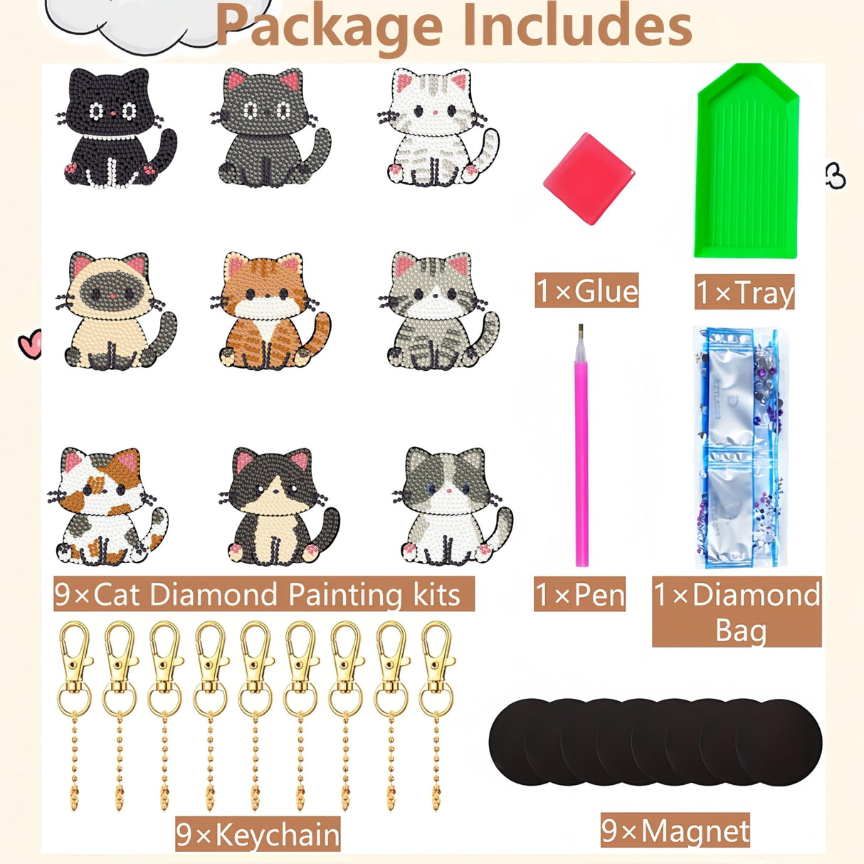 Bulerrylulu 9 Pcs Diamond Painting Magnets Kits Cute Cat Fridge Magnet Stickers Diamond Art Painting Keychains Gem Painting kit for Beginners Adults DIY Art Craft Gifts Home Decors (cat) Bulerrylulu