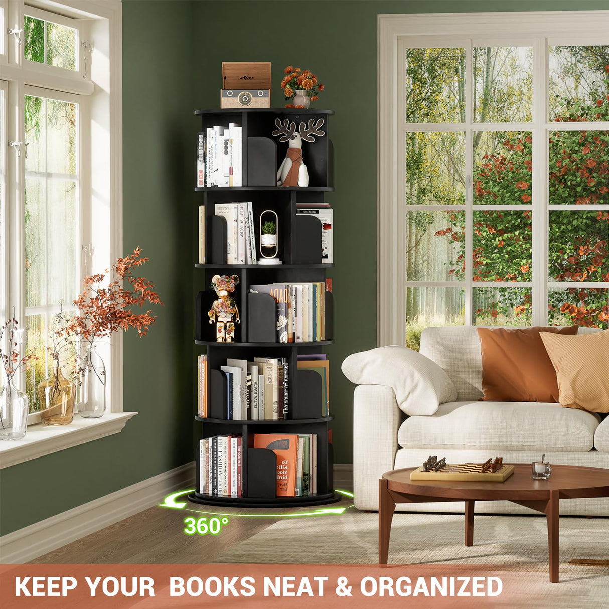 Besiost Rotating Bookshelf Tower, 5 Tier Spinning Bookcase, Revolving 360 Book Shelf Narrow Tall Bookcase, Vertical Turning Round Bookshelf Organizer, Wood Corner Book Shelf for Small Space, Black Besiost